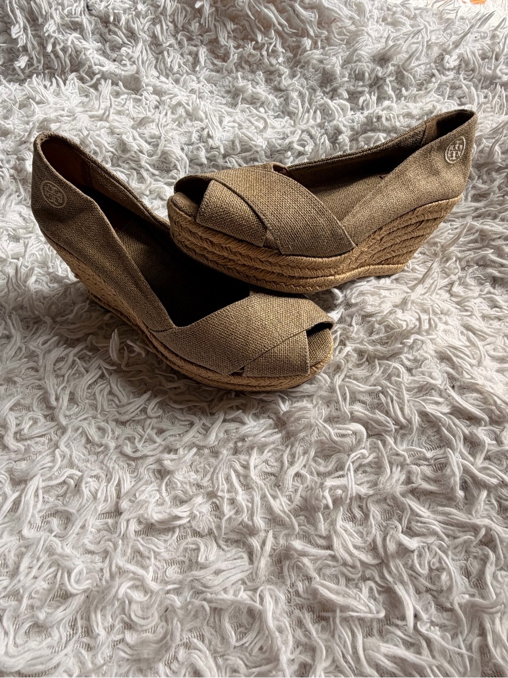 Tory Burch Tan Woven Espadrille Wedge Peep-Toe